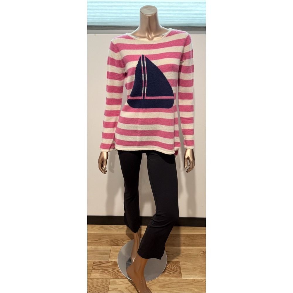 $120 Hannah Rose Pink Stripe Cashmere Sweater Nautical Sailboat Fisherman/ S